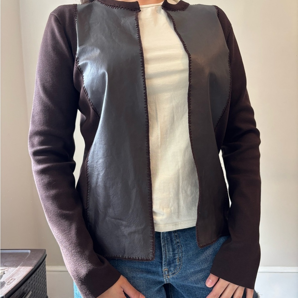 Y2K Preppy Leather Minimalist Silk Chocolate Brown Mocha Grunge Cardigan - Small - Picture 10 of 10